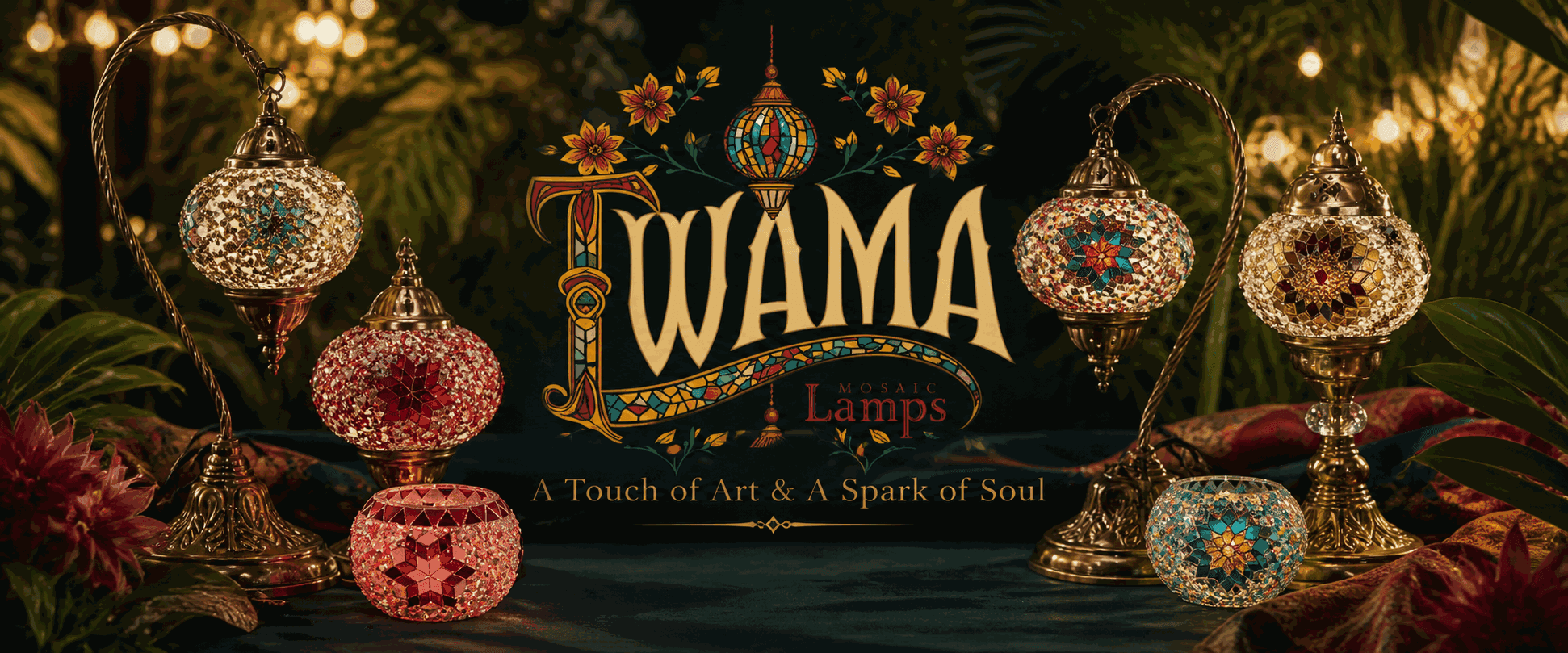 Twama mosaic lamps lit at dusk